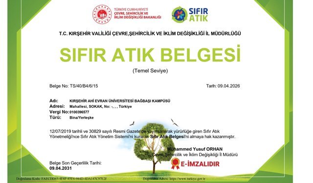 Ahi Evran Üniversitesi Sıfır Atık Belgesi Aldı