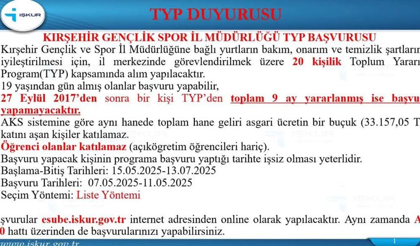 Kırşehir Gençlik ve Spor Müdürlüğüne 20 geçici işçi alınacak