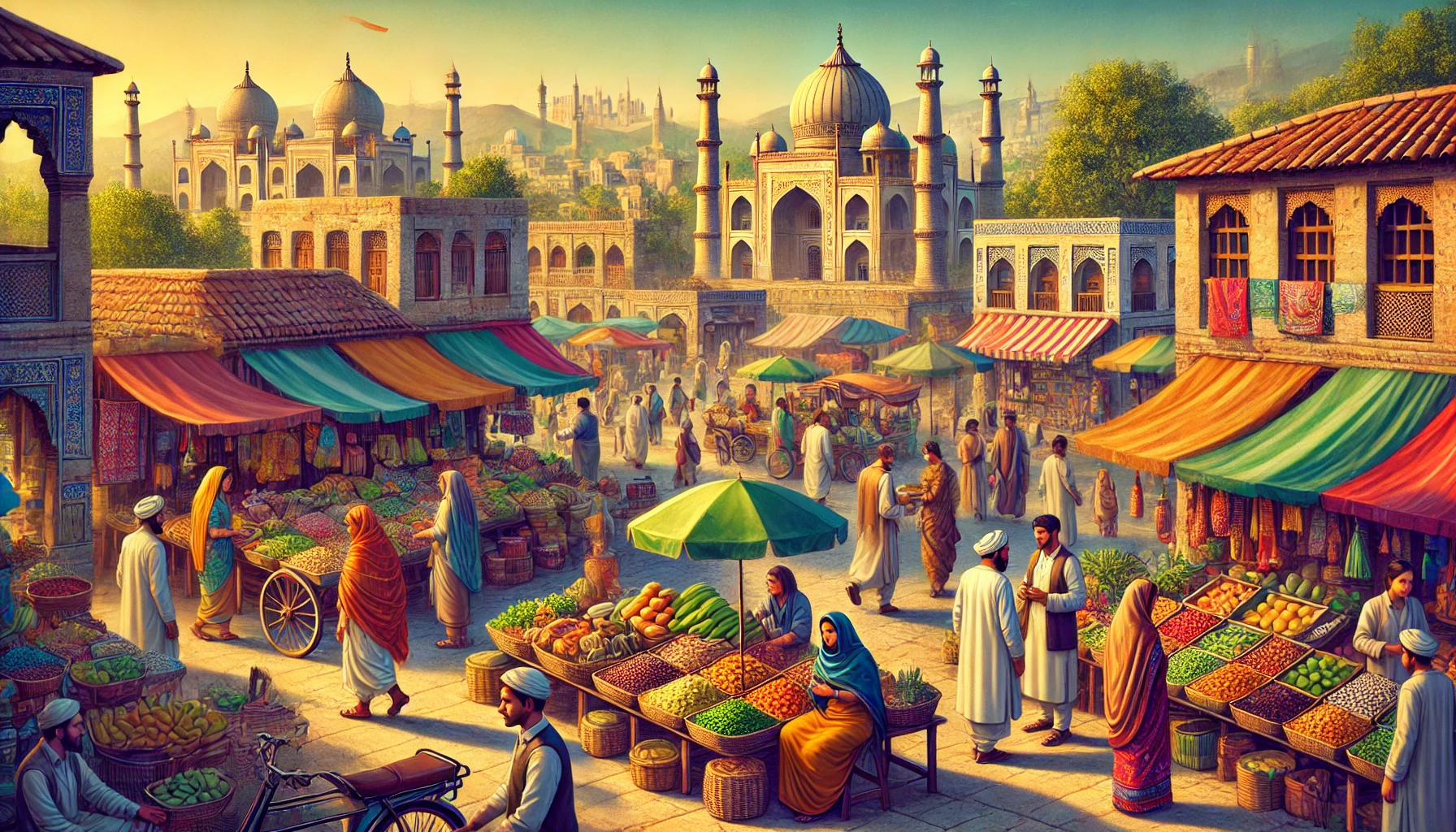 Dall·e 2024 06 26 13.34.40 A Vibrant Depiction Of Life In Eastern Countries, Showcasing A Bustling Street Market With Colorful Stalls Selling Spices, Textiles, And Fresh Produce